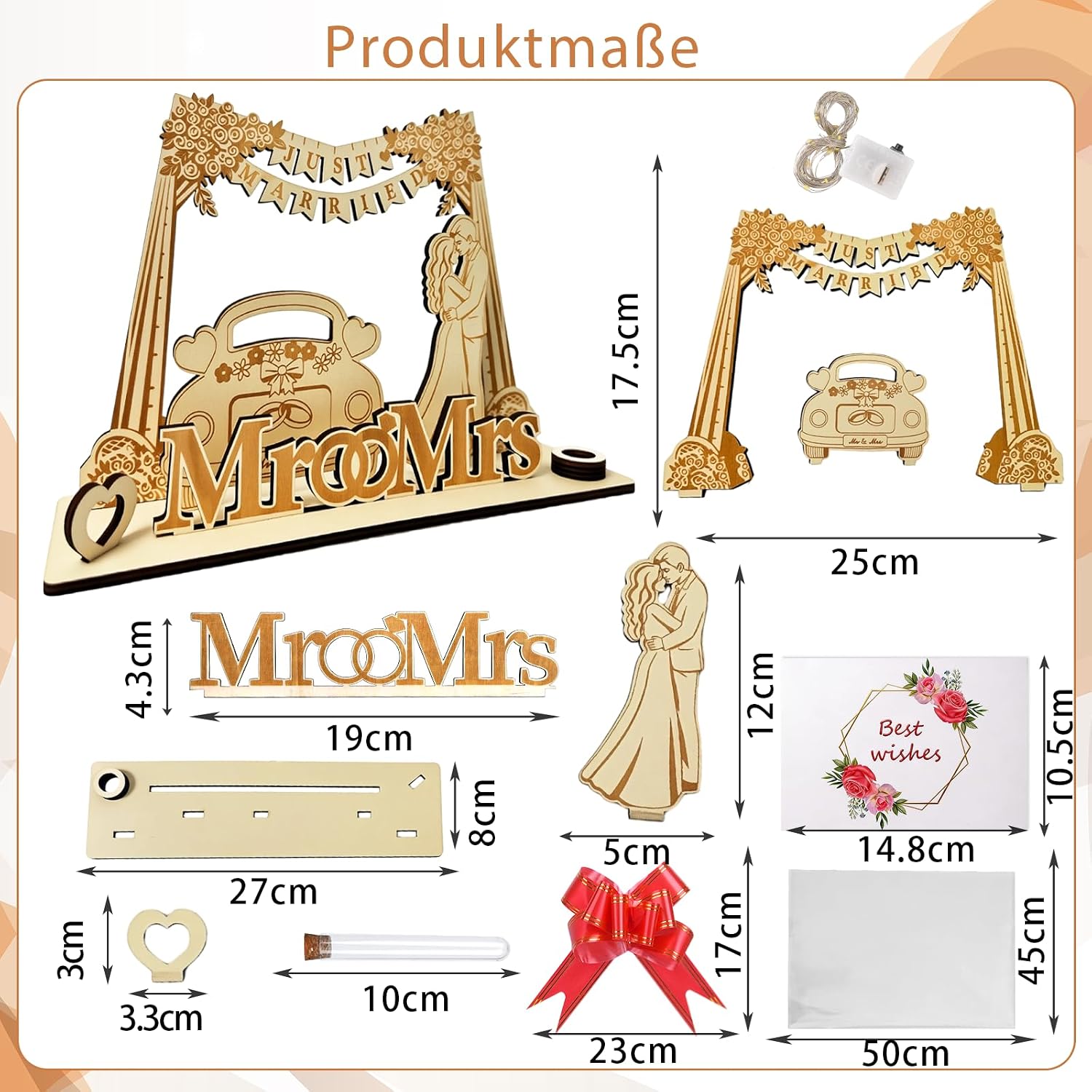 Money Gift Wedding Wooden with LED Fairy Lights, Wedding Gifts for Bride and Groom, Money Packaging, Wedding Car and Just Married Garland, Shaped, Romantic Gift for Wedding Anniversary – Bild 7