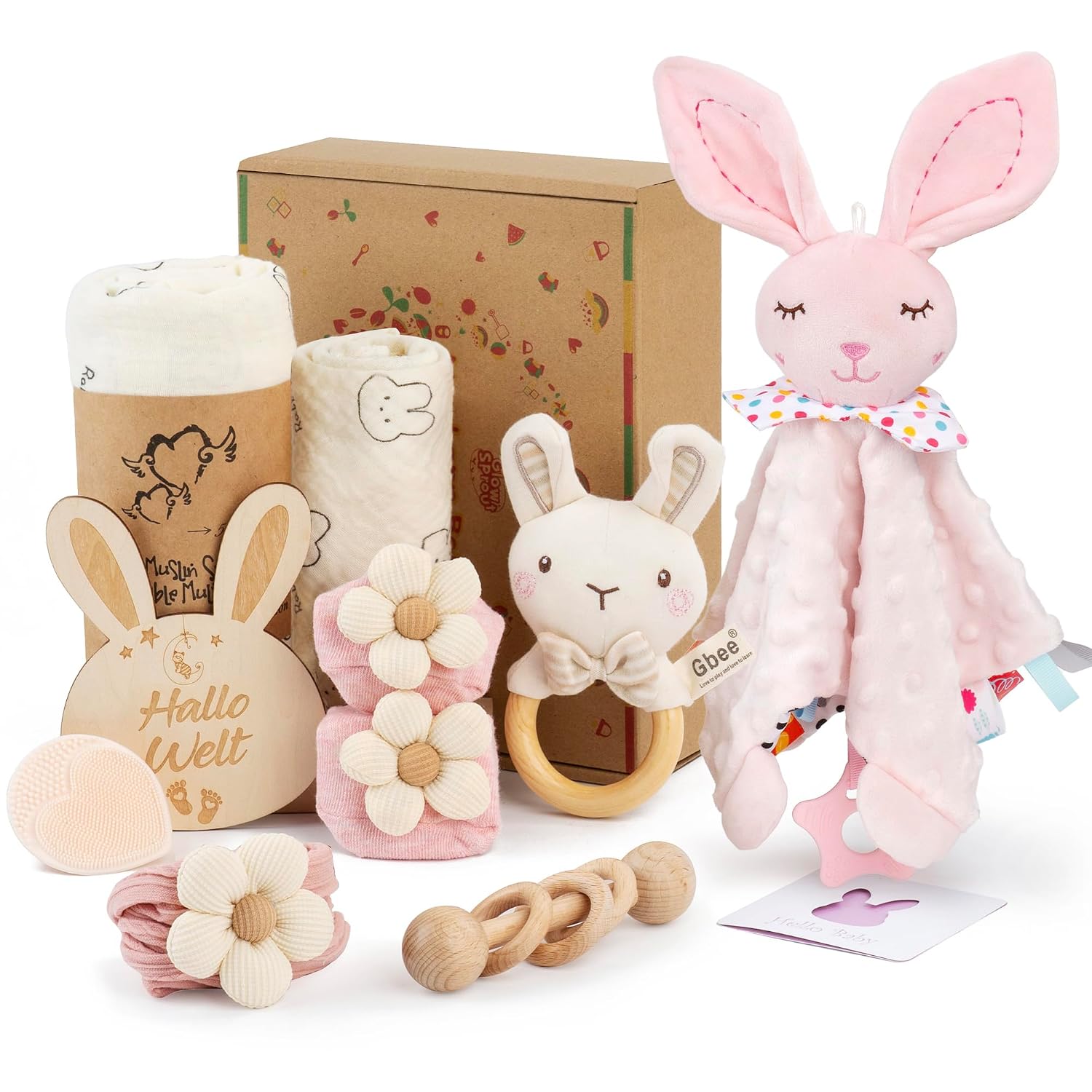 Newborn Gift - Baby Comforter with Rattle, Silicone Brush, Baby Blanket, Socks & Greeting Card - Baby Shower Gift Box for Newborn