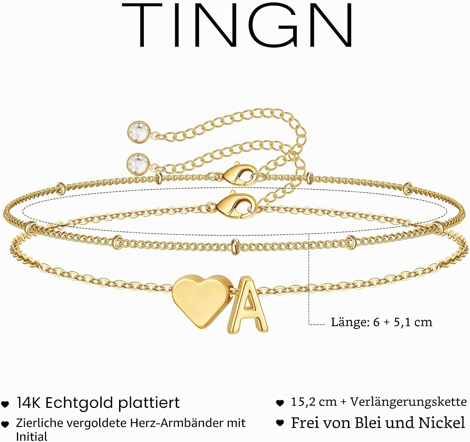 TINGN Women's Gold Silver Bracelet - 14K Gold Plated Heart Layered Bracelets Personalised Bracelet with Letters Monogram Alphabet Bracelet Women's Jewellery Gifts for Women Girlfriend Girls – Bild 6