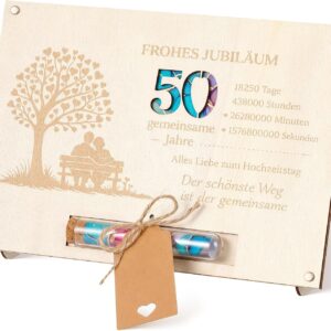 Hestya Money Gift 50 Years of Marriage, Wooden Golden Wedding Gifts, Anniversary Card, Money Gifts, Packaging, 25 x 17 cm, Packaging with Test Tube, Labels, Hemp Rope for Golden Wedding Gifts