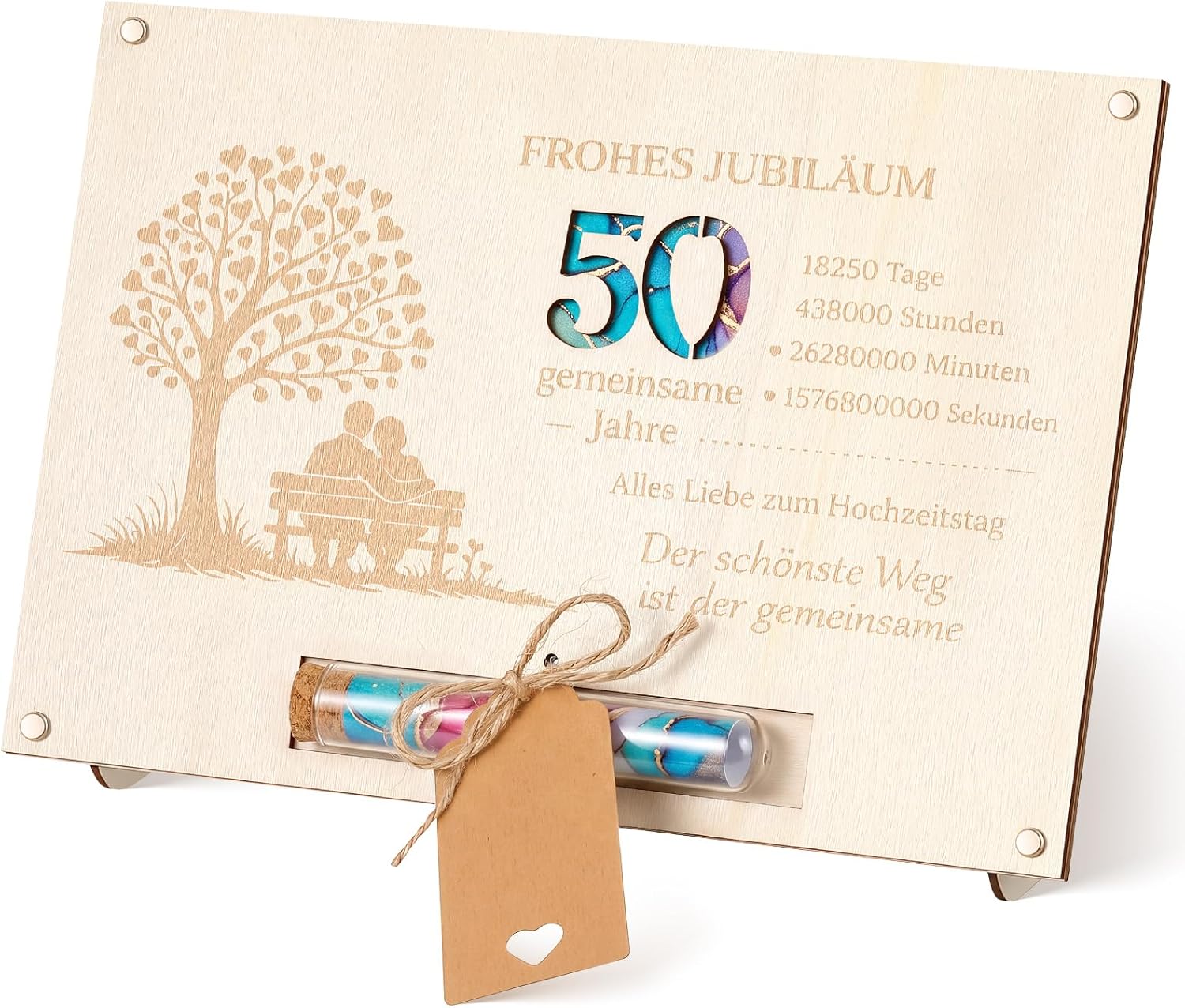 Hestya Money Gift 50 Years of Marriage, Wooden Golden Wedding Gifts, Anniversary Card, Money Gifts, Packaging, 25 x 17 cm, Packaging with Test Tube, Labels, Hemp Rope for Golden Wedding Gifts