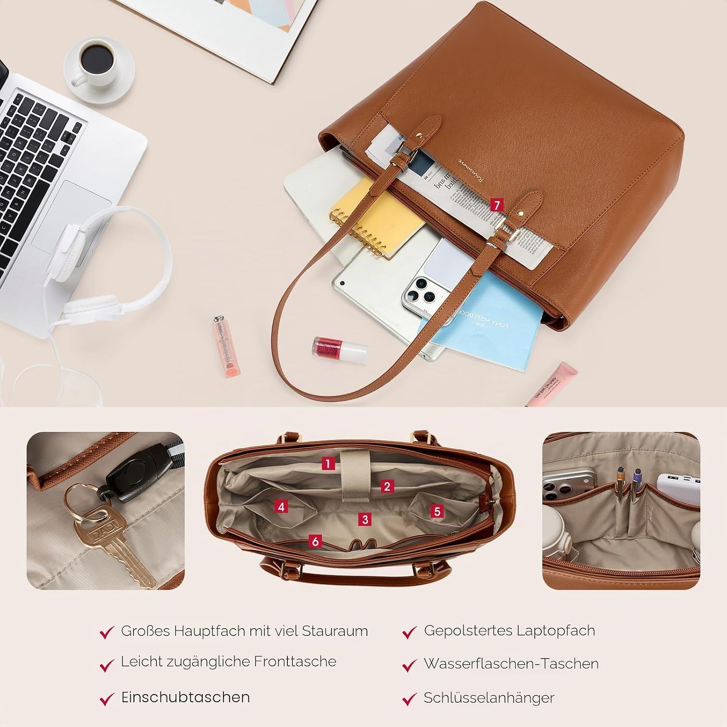 RAINSMORE Handbag Women's Large Shopper Bag Women's Waterproof PU Leather, brown, Shopper – Bild 3