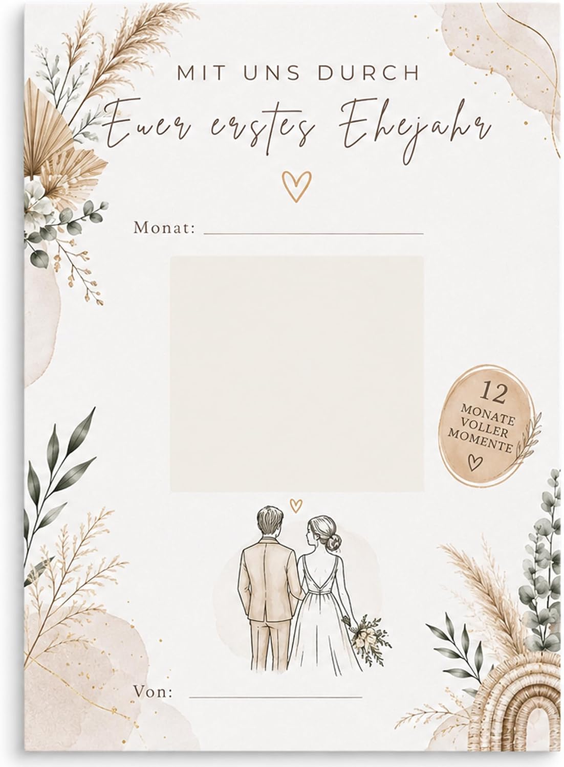 Krause & Sohn Wedding Game "Mit uns durch Euer erstes Ehejahr" 12 Cards with Scratch Stickers - Gift Idea for Wedding, Bride and Groom & Wedding Guests Voucher Set (Beige, Boho) – Bild 5