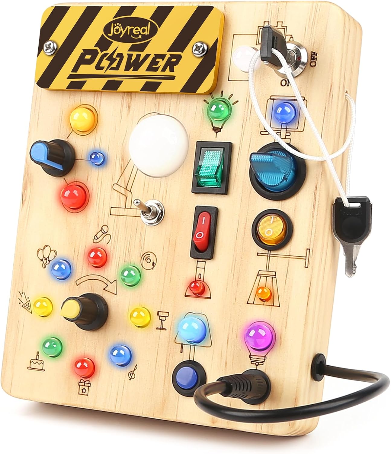 Joyreal Busy Board Baby Montessori Toy from 1 Year, Motor Skills Toy Activity Board with 19 LEDs, Sensory Toy Wooden Toy Educational Toy, Gift Boys and Girls from 1 2 3 Years