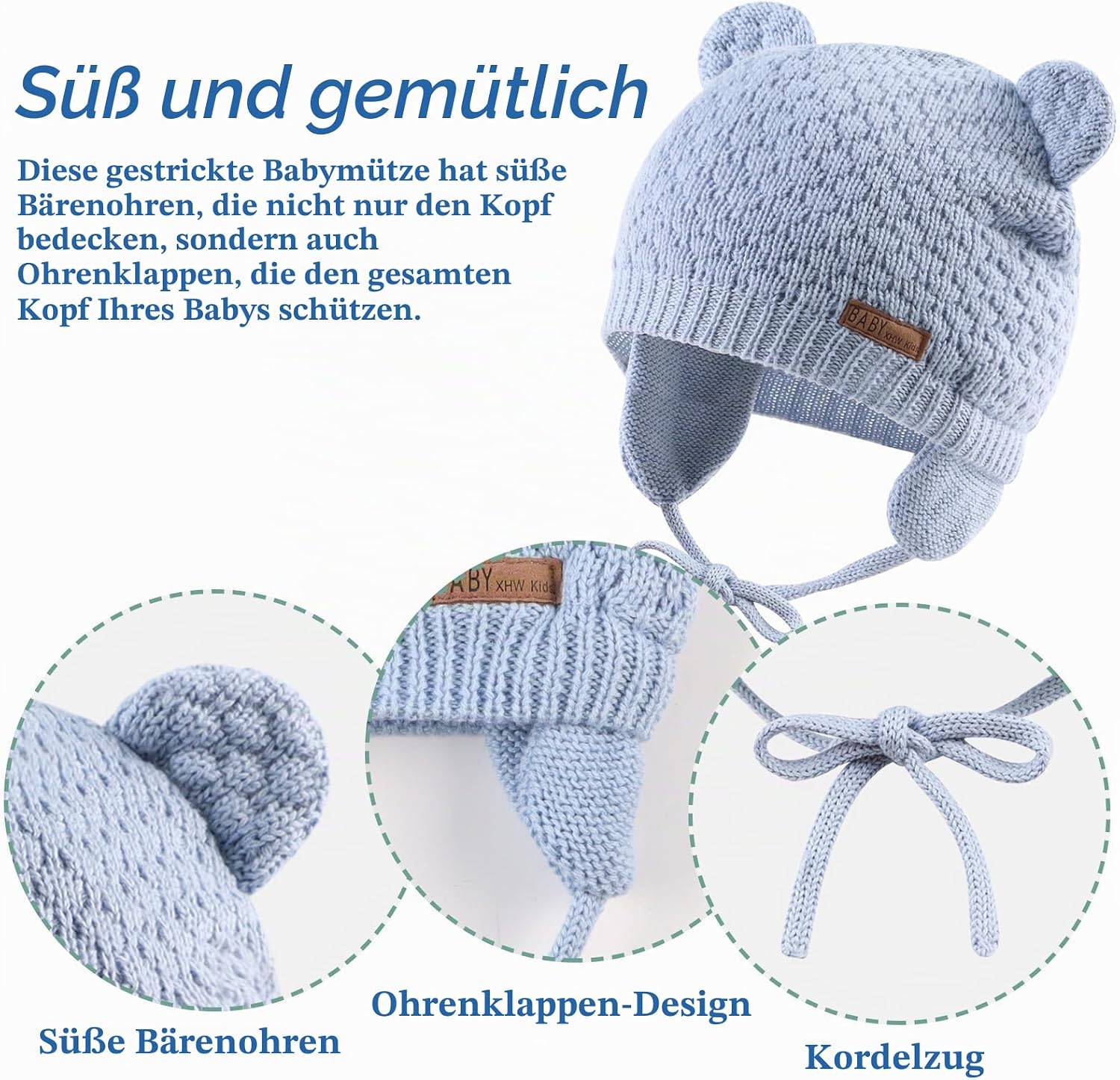 XIAOHAWANG Baby Winter Hat Boys Girls Warm Knitted Hats Soft with Cute Bear Ears – Bild 3