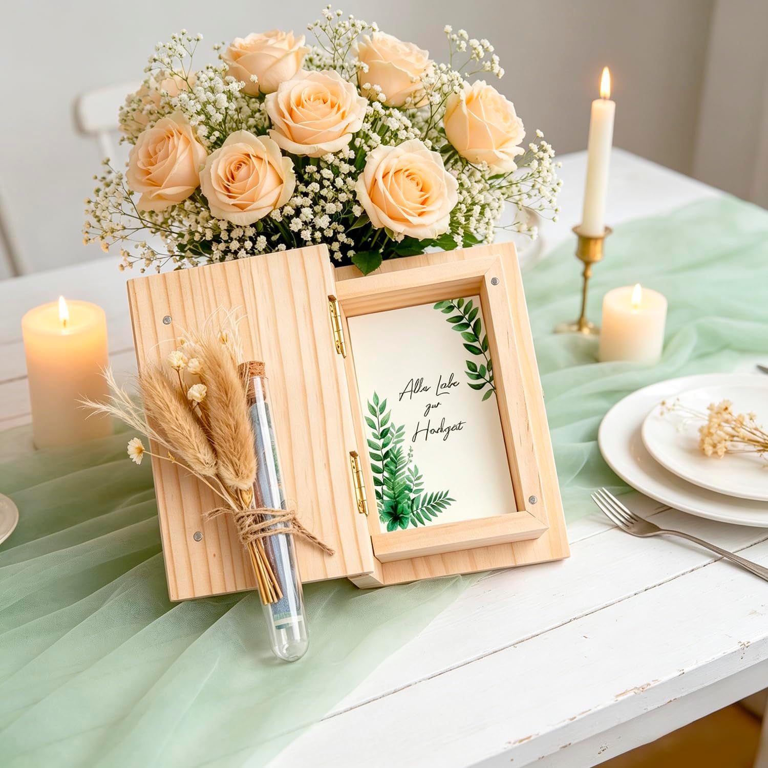 Money Gift Wedding Wooden Money Gift - Wedding Gift Wooden Box in Book Shape Creative Gift Bride and Groom Wedding Memory Box Set with Test Tube Fairy Lights Dried Flowers Greeting Cards – Bild 2