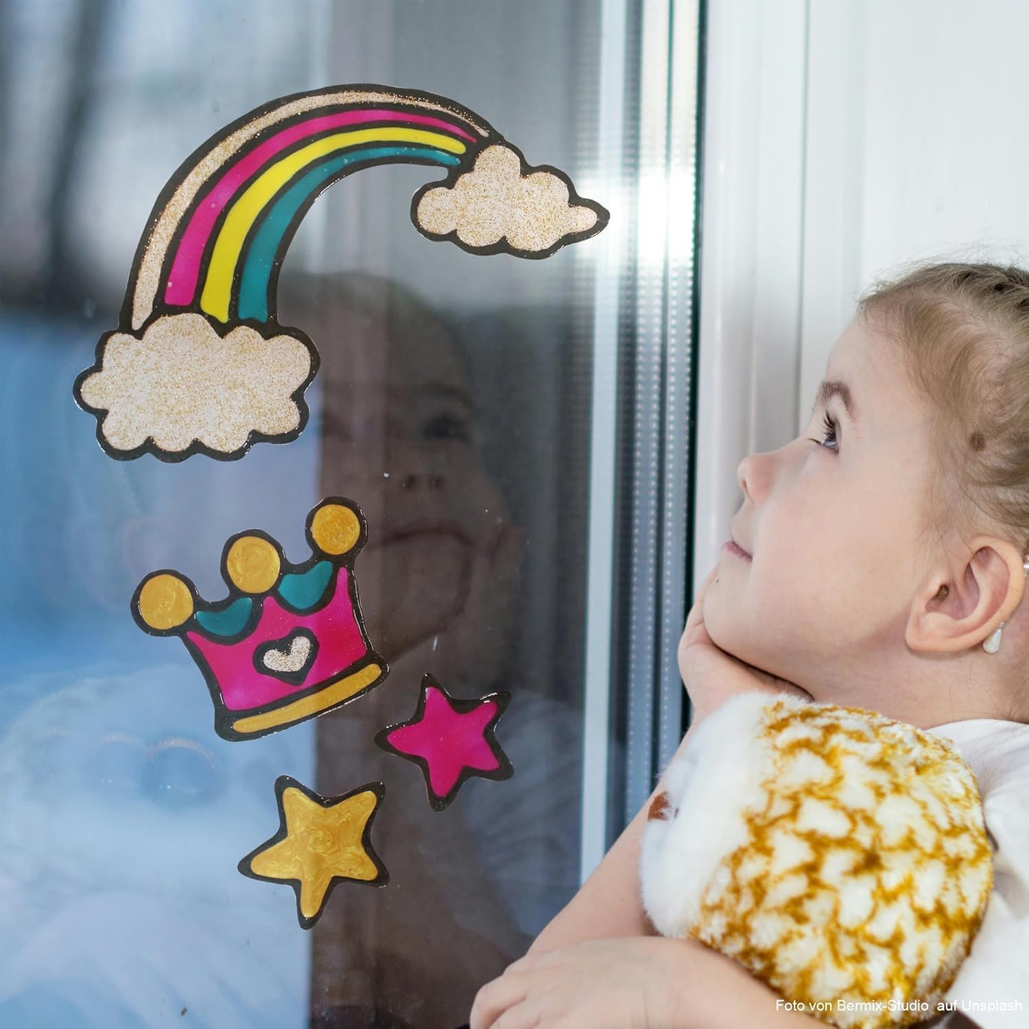 LM-Kreativ Window Colour Set Glitter Unicorn - Dive into a World of Colours with 12 x 80 ml Window Colour Water-Based Paints. Plus Template Book with 35 Unicorn Motifs – Bild 7