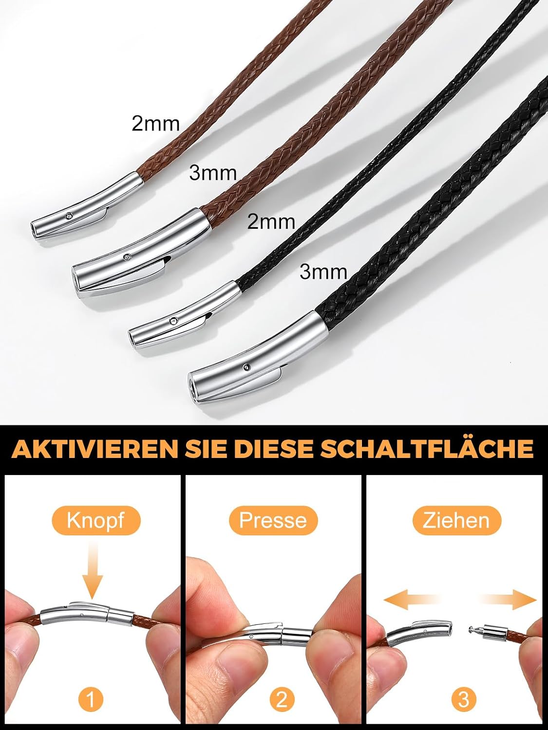 Richsteel Stainless Steel 2 mm / 3 mm Wide Versatile Unisex Leather Necklace with High Quality Name/Numbers/Engraving Black/Brown Genuine Leather with Screw Clasp – Bild 5