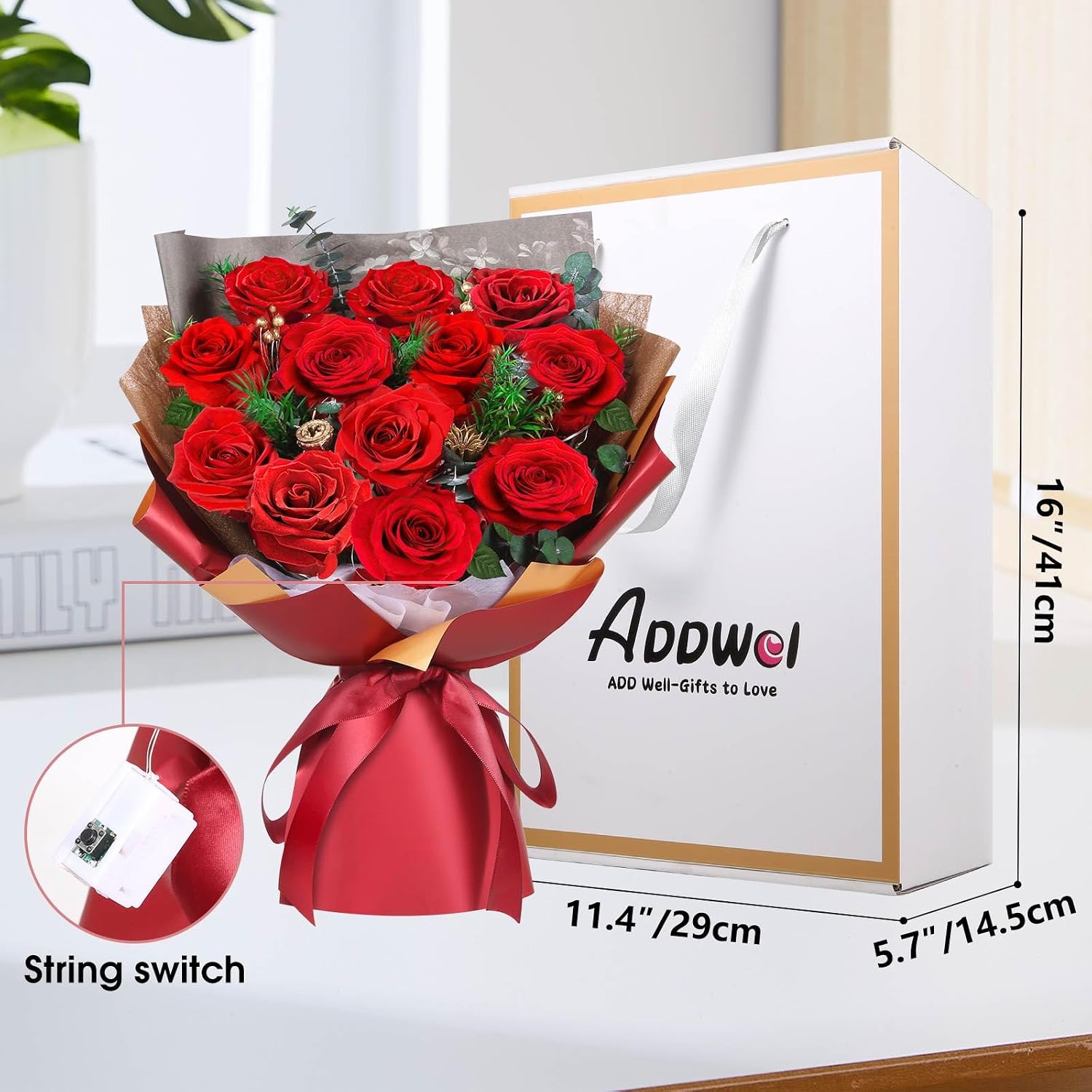 ADDWel Eternal Rose Bouquet with 12 Real Preserved Red Roses Infinity Bouquet with LED Gift for Her Women Girlfriend Mum Wife for Birthday Mother's Day Anniversary Christmas – Bild 5