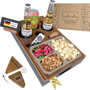 Lukada Premium Couch Bar Snack Box XXL Snack Bowl & 4 Drink Holders Acacia Wood & Bamboo Sofa Tray Includes Gift Box & Mobile Phone Holder Couch Organiser Gifts for Men and Women