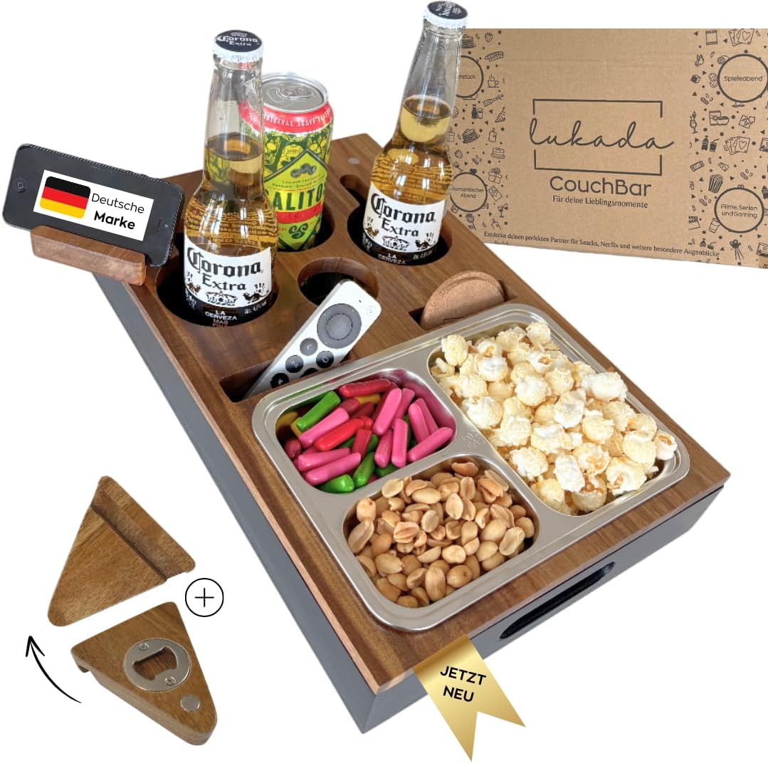 Lukada Premium Couch Bar Snack Box XXL Snack Bowl & 4 Drink Holders Acacia Wood & Bamboo Sofa Tray Includes Gift Box & Mobile Phone Holder Couch Organiser Gifts for Men and Women