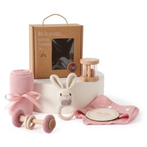 Newborn Gift, 6-Piece Baby Gift Set Girls Boys - Bath Towels, Bibs, Wooden Toy, Crochet Rabbit Rattle and Milestone Cards, Gift Packaging (Pink)