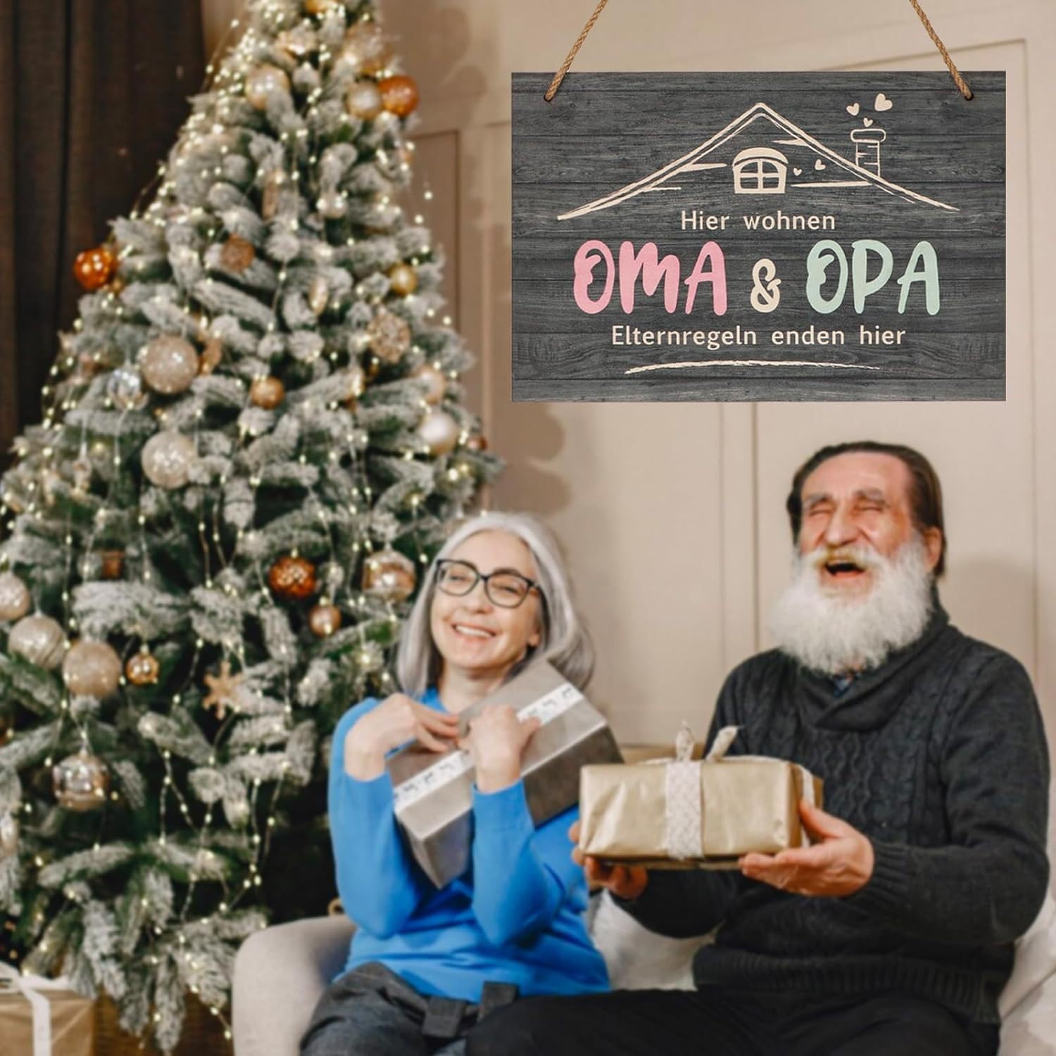 Grandma and Grandpa Gift, Decorative Ornaments Made of Wood, Grandma Grandpa Gifts for Birthday, Tin Signs Saying "Hier wohnen OMA OPA Elternregeln enden hier" Gift Grandma and Grandpa for Mother's Day Christmas – Bild 5