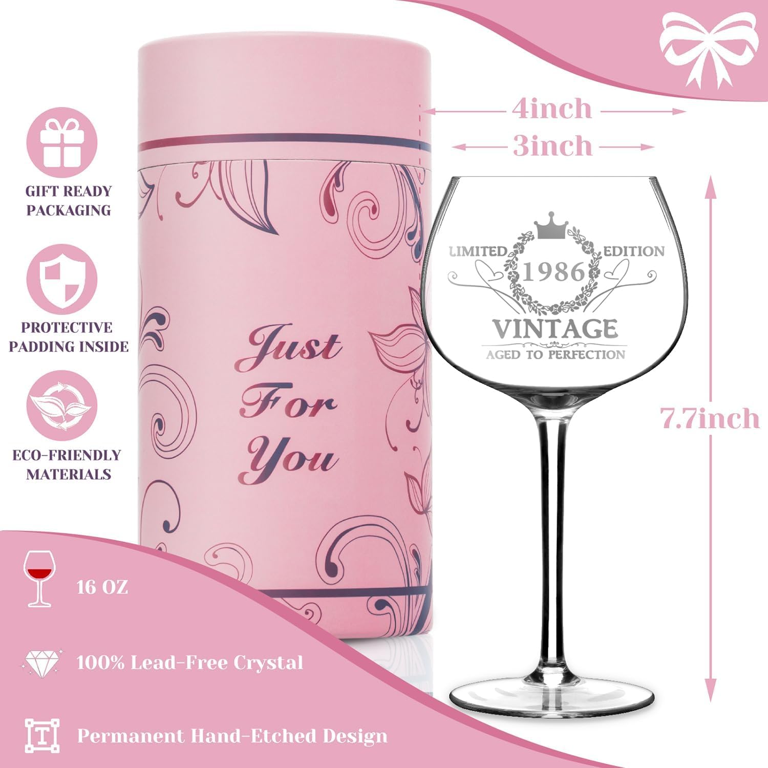 1986 Gift 40th Birthday Women - 16oz Wine Glass with Gift Box – Bild 3