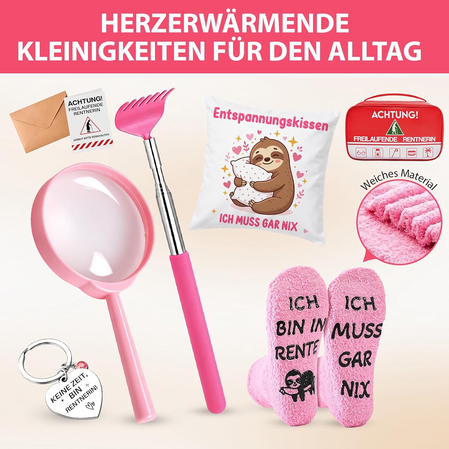 MaciRept Pensioner Gift Woman, Retirement Gift Set Woman with Greeting Card, Handbag, Magnifying Glass, Decorative Cushion Covers, Funny Socks, Farewell Gift, Colleagues, Funny Retirement Gift – Bild 7