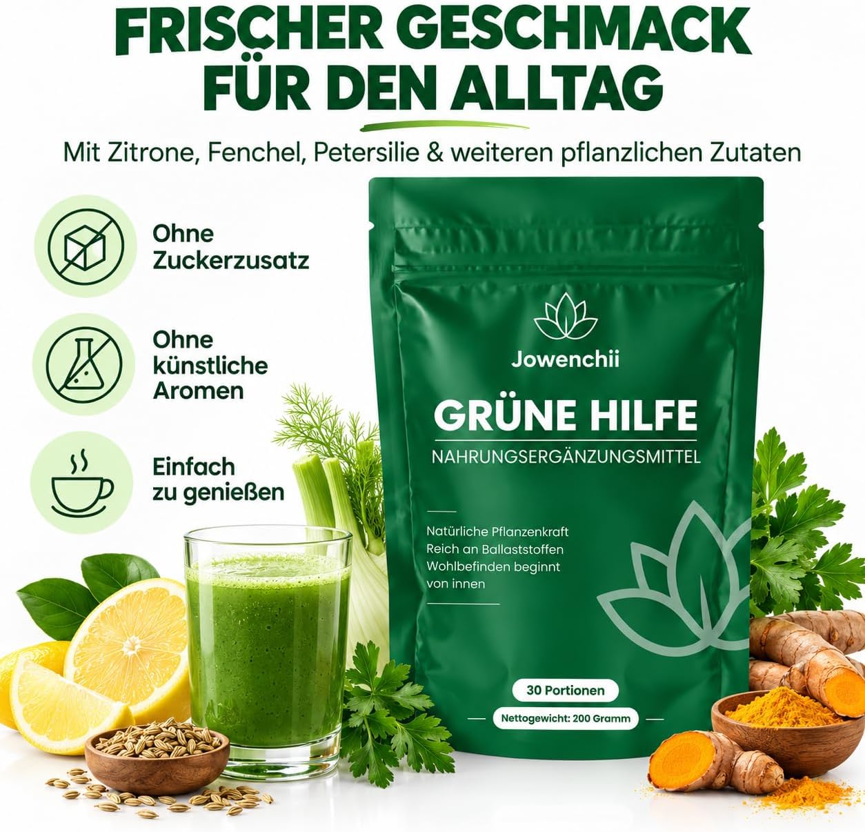 Green Superfood Powder 200 g - Vegetable Superfood Blend with Barley Grass, Spirulina, Matcha, Chlorella, Wild Blueberry & Inulin - Green Drink with Apple Flavour, Vegan & No Added Sugar – Bild 4