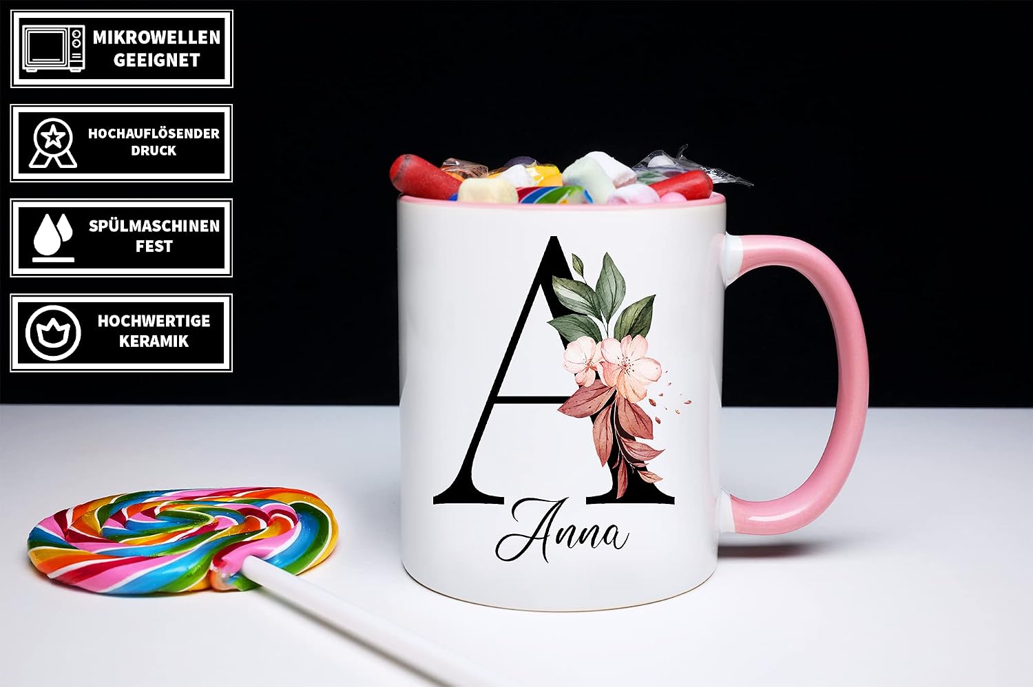 TassenTicker - Personalised Mug - Name Mug with Floral Motif - With Your Initial Letter and Name - Personalised - Birthday - Coffee Mug - Printed on Both Sides - Gift for Women, Pink – Bild 6