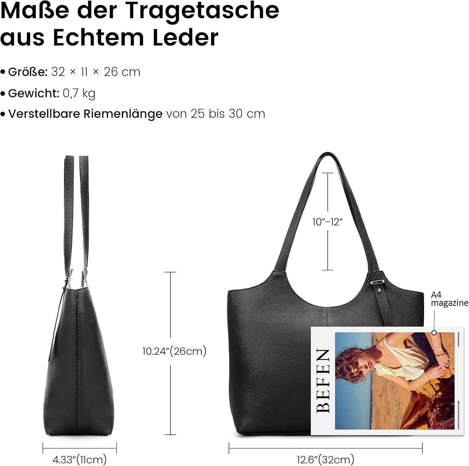 befen Genuine Leather Handbag, Women's Shopper Bag, 14 Inch Laptop Bag, Leather Tote Bag, Briefcase, Teacher Bag with Laptop Compartment, Fashion Shoulder Bags for Business, Office, School – Bild 5
