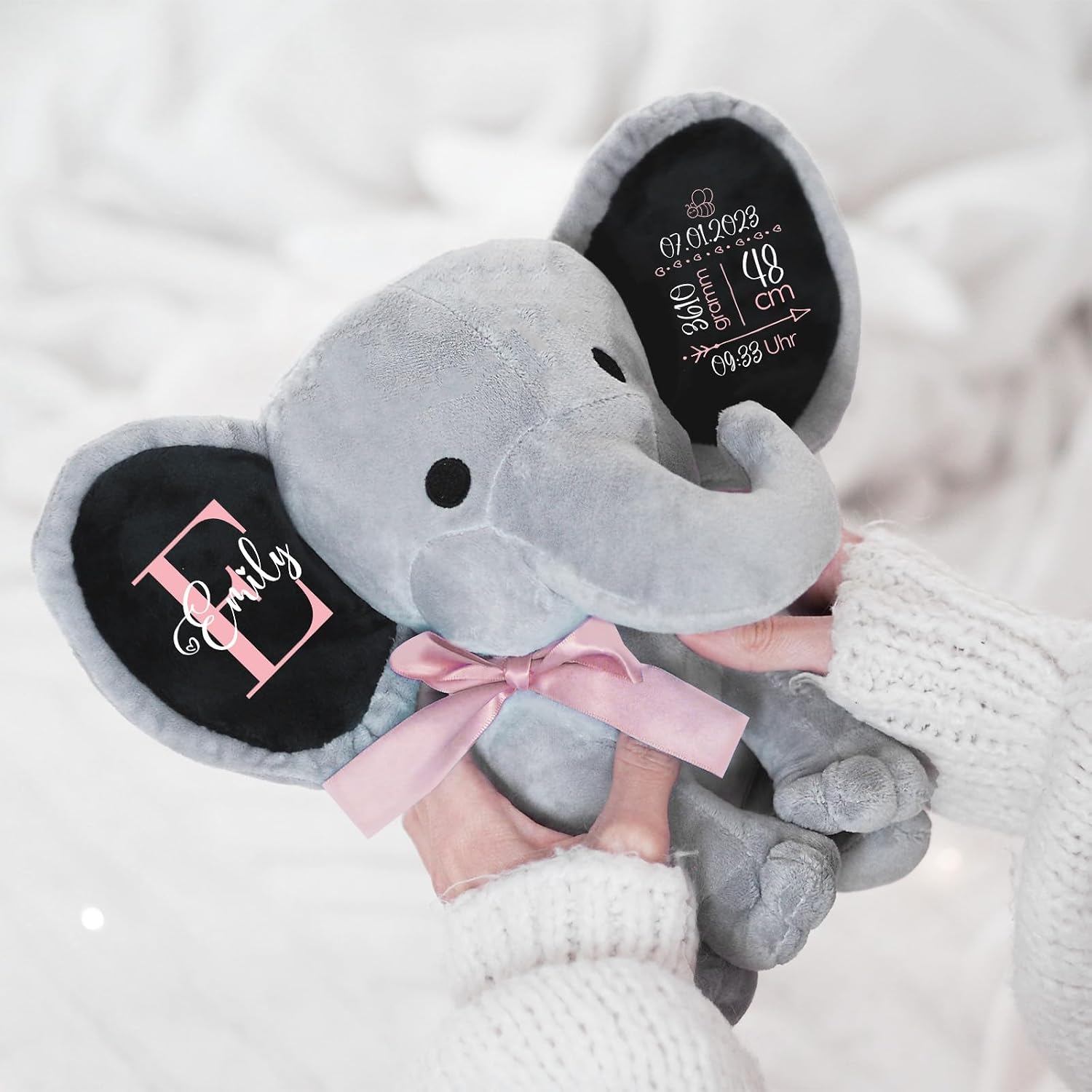 Love Faith Personalised Cuddly Elephant - Grey/Pink - Birth Gift – Bild 2