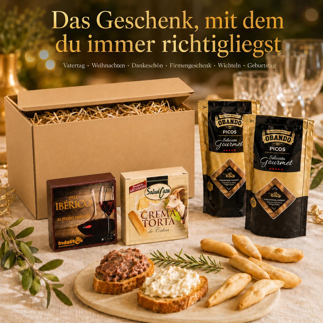 Gift Basket Filled for Men │ Gift Basket Spanish Specialities │ Men's Gifts Birthday, Father's Day │ Red Wine, Chorizo, Salami, Paté, Goat Cheese — AF – Bild 4