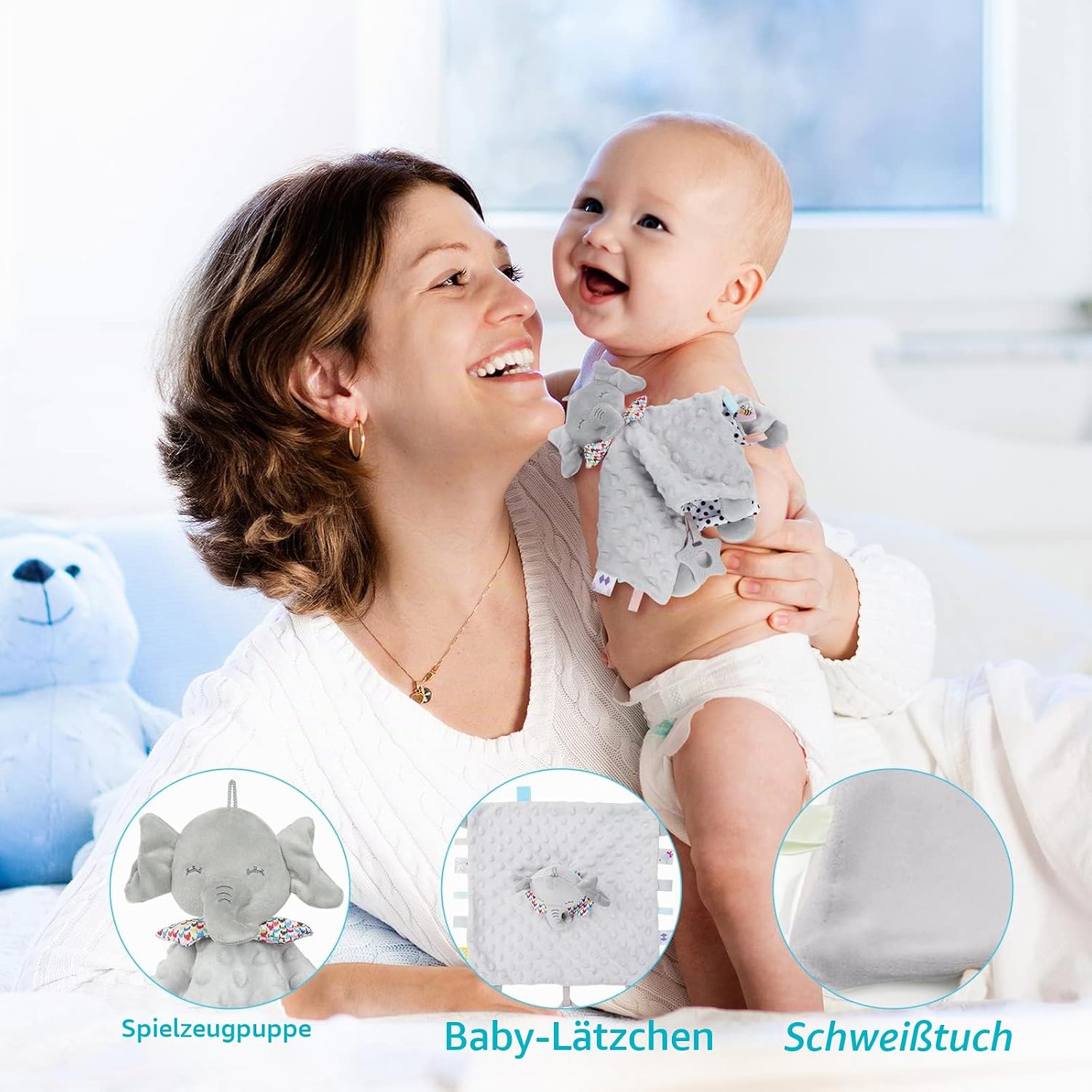 Vicloon Cuddly Blanket Elephant Cuddly Blanket with Crinkle Foil and Bell, Soft and Washable, 26 x 26 cm, Baby Cuddly Toy, Comforter for Babies from 0+ Months – Multicoloured Label – Bild 6