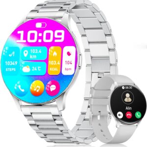Women’s Smartwatch (2 Bracelets), Premium Metal Bracelet, 1.43 Inch HD AMOLED Display, 120+ Sports Modes, Fitness Watch with Sleep Tracking, Phone Function, Watch for iOS Android, Silver