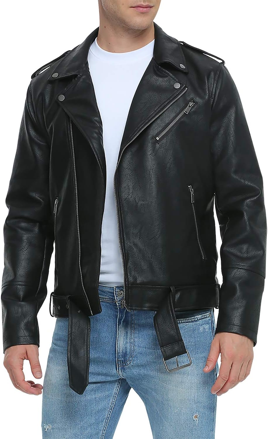 Fahsyee Men's Leather Jacket, Faux Leather Bomber Jacket, Motorcycle Lapels