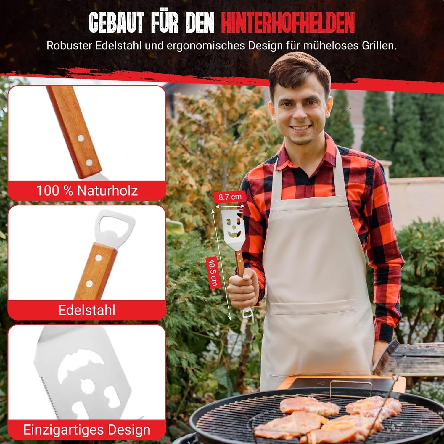 7-in-1 BBQ Spatula Stainless Steel with Wooden Handle - Multifunctional Grill Spatula with Bottle Opener, Scraper Edge & Design Cut-Out Men & Father's Day – Bild 4
