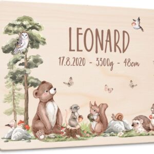 Little Deco Baby Keepsake Box, Personalised Forest Animals, 40 x 30 x 22 cm, Christening Gift, Wooden Box with Name, Gift for Birth for Boys and Girls, XHL1050-02