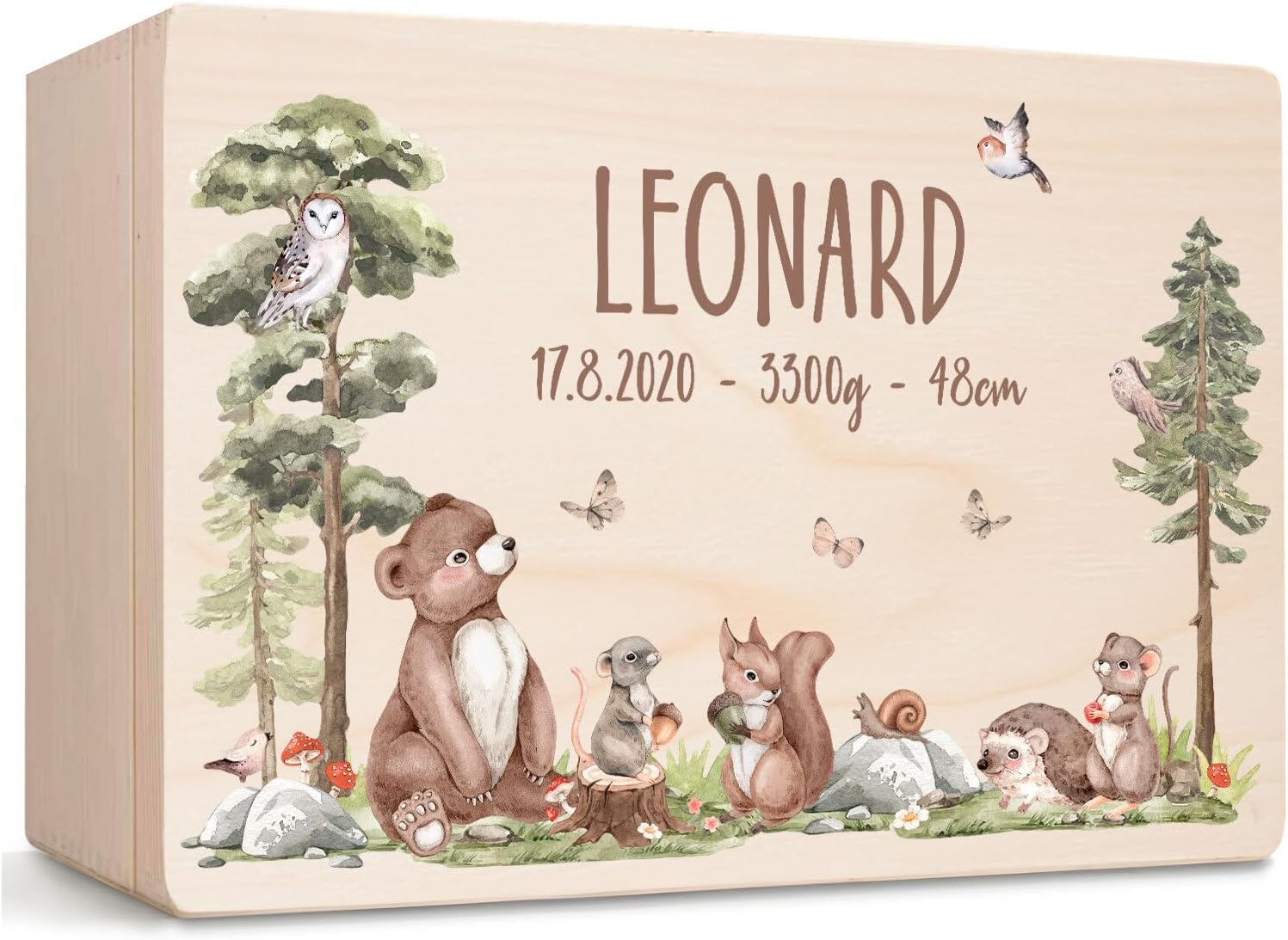 Little Deco Baby Keepsake Box, Personalised Forest Animals, 40 x 30 x 22 cm, Christening Gift, Wooden Box with Name, Gift for Birth for Boys and Girls, XHL1050-02