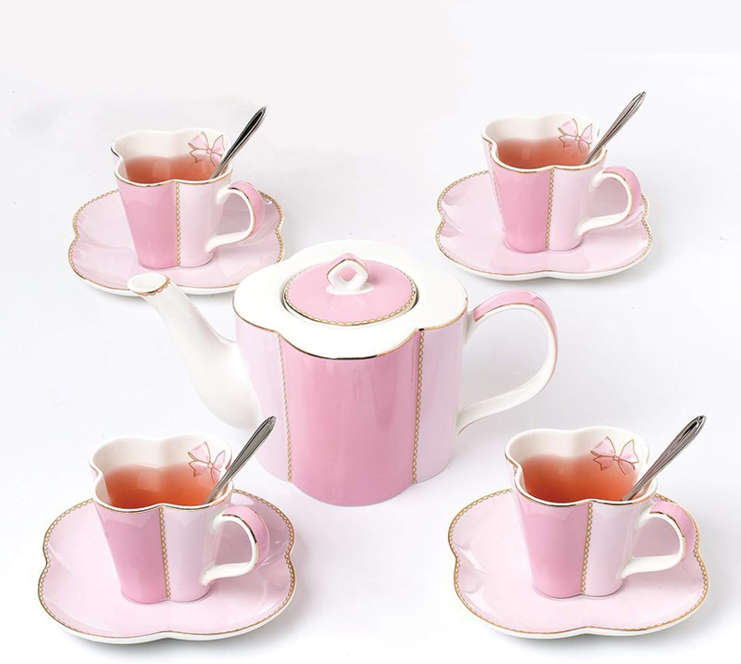 Ceramic Tea Sets, Porcelain Coffee Tea Gift Sets, Coffee Mugs for 4 People, Bone China Series, Teapot with Teaspoons, Birthday and Wedding Gifts (Pink)