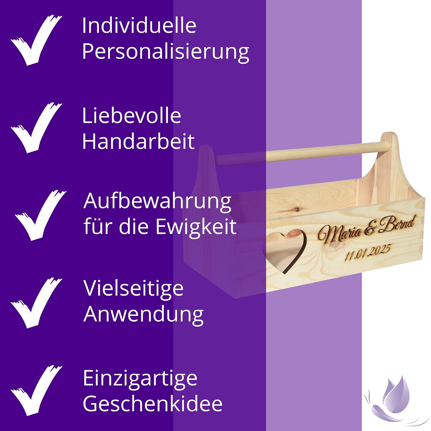 Wedding Gift Basket Personalised with Heart Name Date 34 x 18 x 20 cm Natural Wooden Box Gift Idea Gift Basket Wedding Gift – Bild 2
