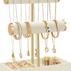 SONGMICS Bracelet Holder Stand, Jewelry Display Stand, Jewelry Organizer with 3 Tiers and Velvet Tray, Removable Ring Holder, Cream White and Light Gold JJS039W101