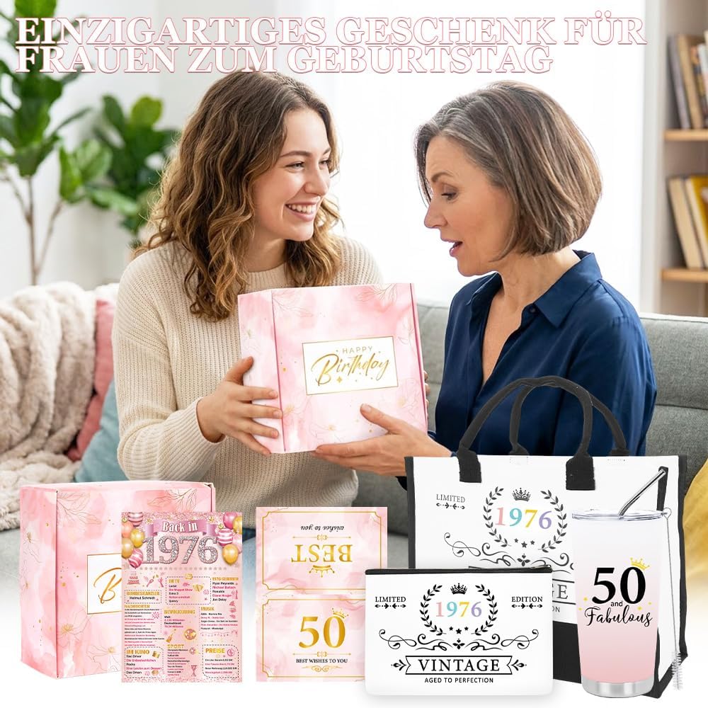 Birthday Women's Vintage Gift Set, Fashionable Carry Bag, Cosmetic Bag, Stainless Steel Thermal Mug, Greeting Card and Gift Box, Birthday Gift for Mum, Sister and Colleague, pink, Formal – Bild 7