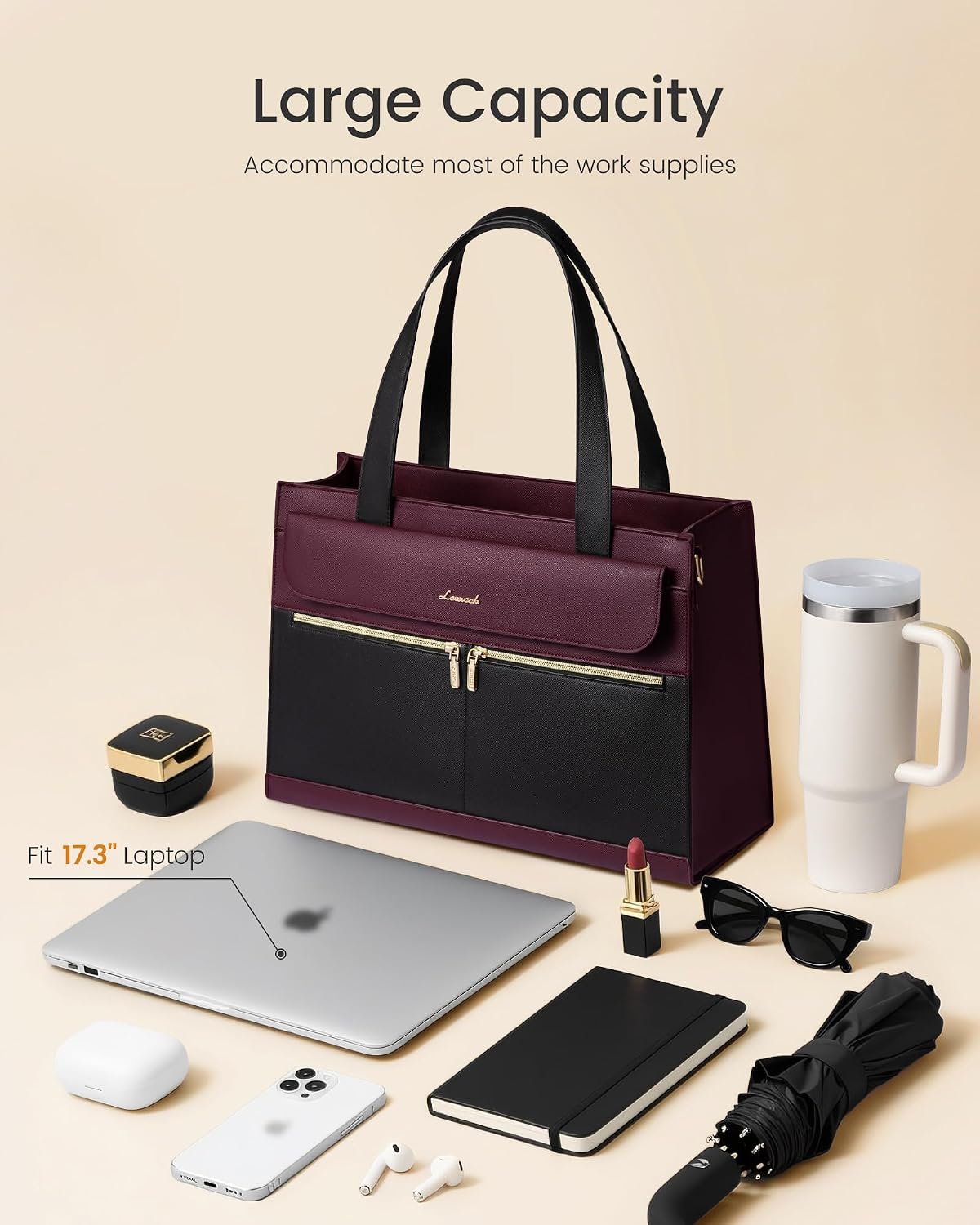LOVEVOOK Women's Laptop Bag, 17.3 Inches, Elegant Handbag, Work Bag, Large Shopper Business Bag, Briefcase, Teacher Bag, PU Leather Tote Bag, School Bag, Notebook Bag for Office, University, Purple – Bild 5
