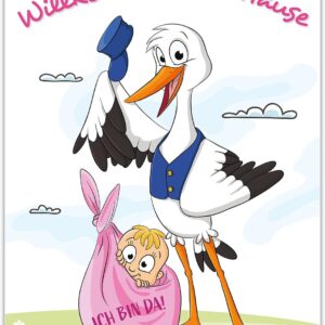 iulias Freude schenken! Poster for Birth Girl I Stork with Baby I Welcome Home I XL DIN A2 Poster I Baby Shower Decoration Pink Birth Gift Surprise