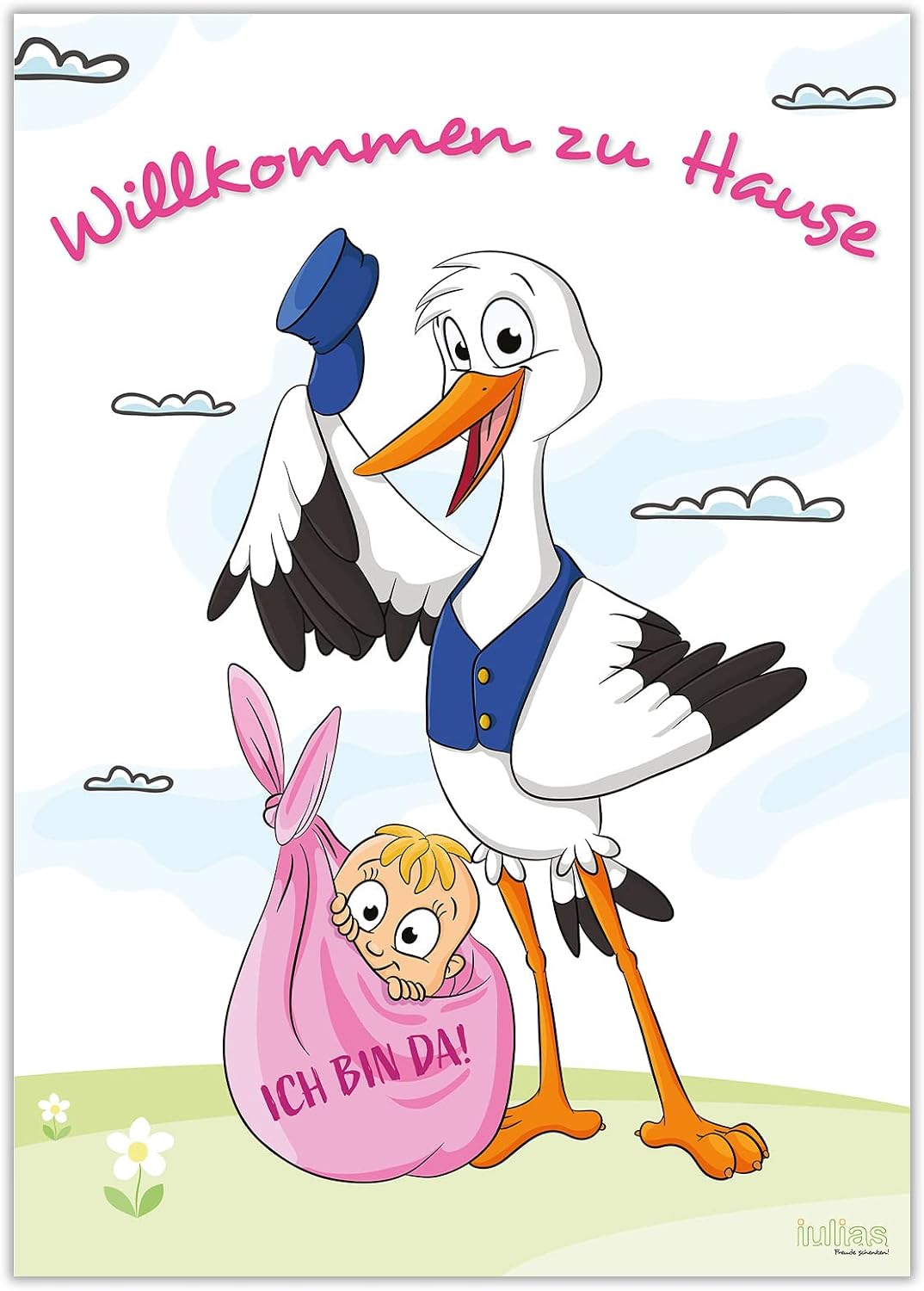 iulias Freude schenken! Poster for Birth Girl I Stork with Baby I Welcome Home I XL DIN A2 Poster I Baby Shower Decoration Pink Birth Gift Surprise