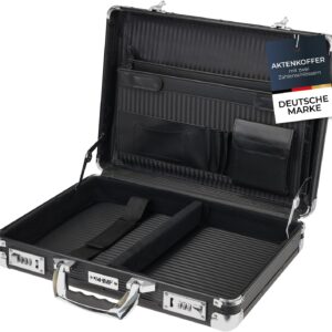 HMF Aluminium Briefcase for Laptops up to 17.3 Inches, Men’s Business Case with Combination Lock, Padded Laptop Compartment and Organiser in Lid, 45 x 33 x 11 cm, Black