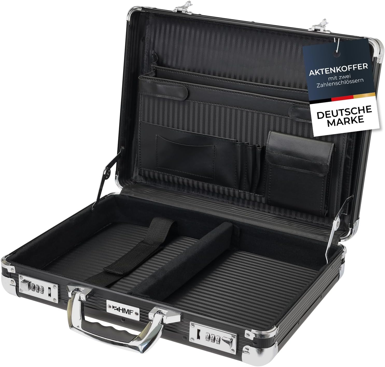 HMF Aluminium Briefcase for Laptops up to 17.3 Inches, Men's Business Case with Combination Lock, Padded Laptop Compartment and Organiser in Lid, 45 x 33 x 11 cm, Black