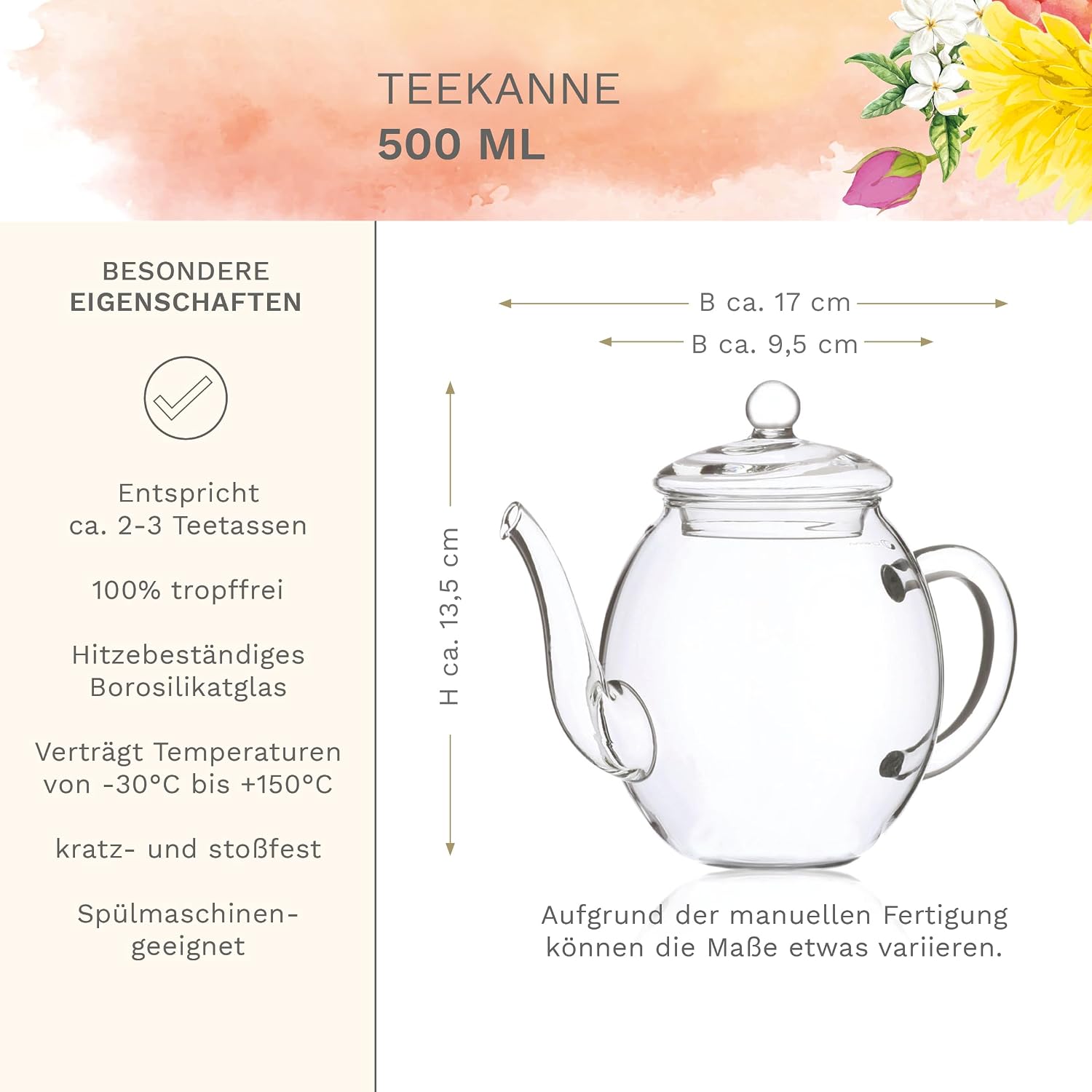 Creano Tea Flowers Gift Set, Flower Design, Blooming Tea Spring Reading with 500 ml Glass Jug and 6 x White Tea, Gift for Valentine's Day, Mother's Day – Bild 8