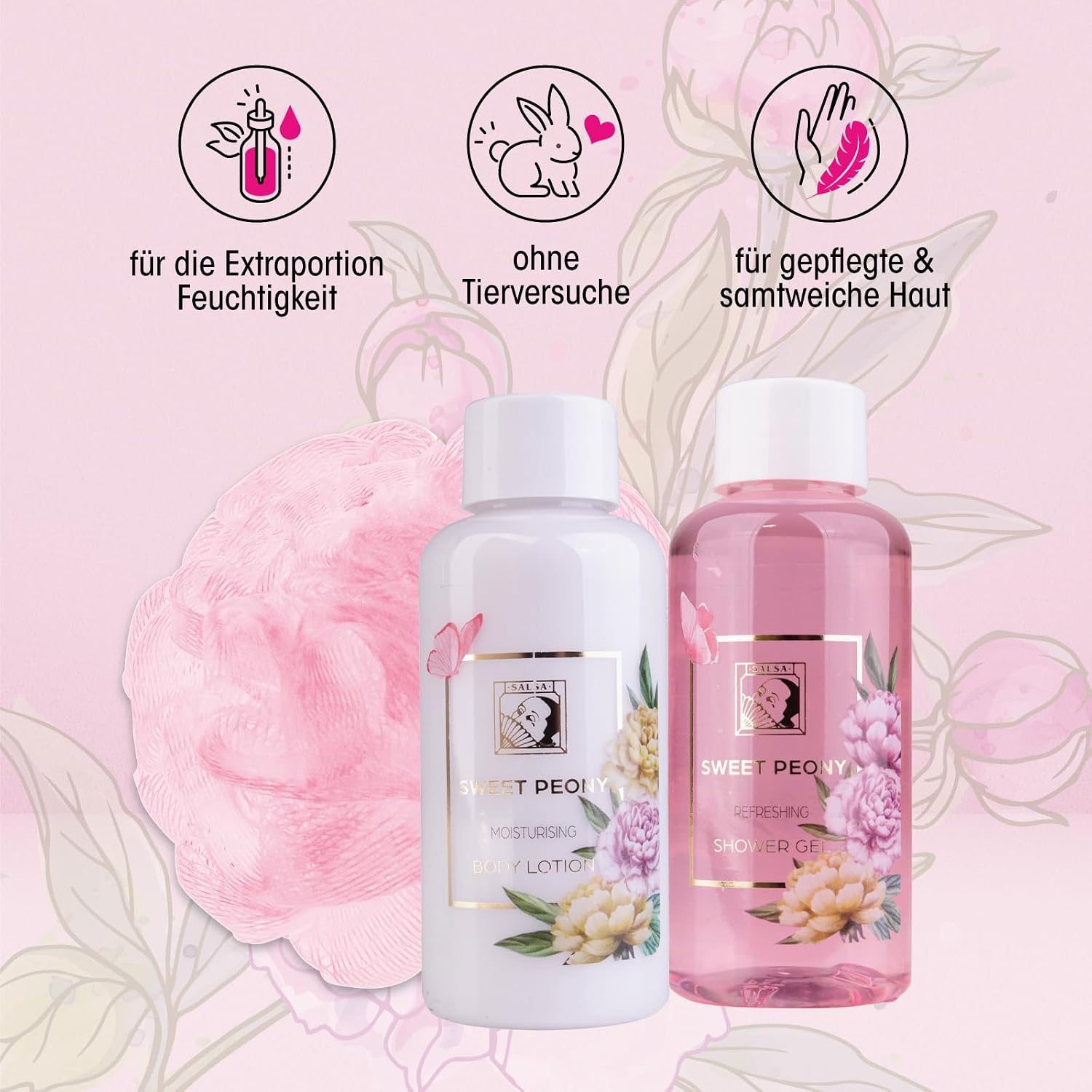 Accentra Sweet Peony Women's Shower Set in Beautiful Wire Basket - 3-Piece Care Set with Shower Gel, Body Lotion and Bath Sponge - Wellness Gift Set for Mother's Day and Valentine's Day – Bild 3