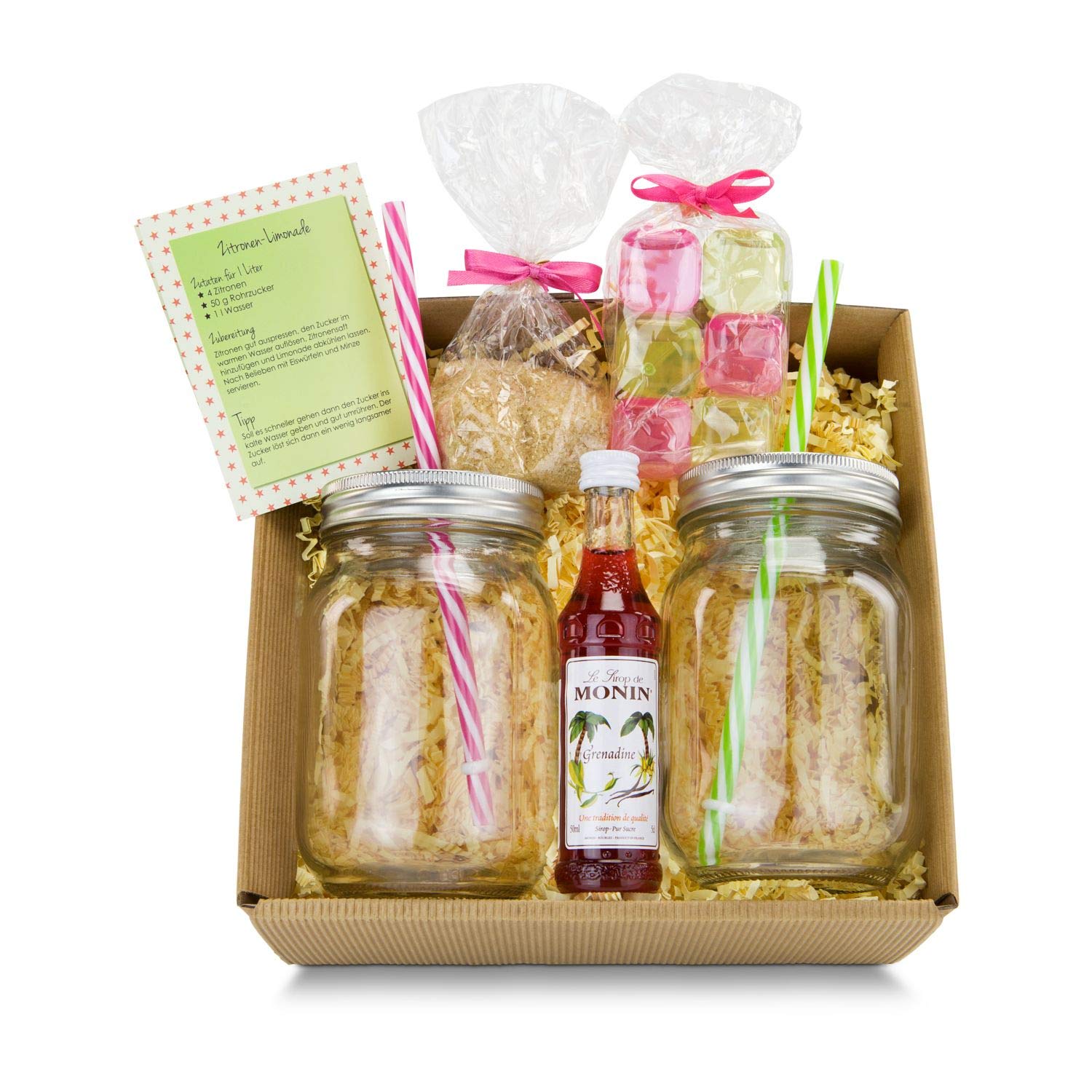 Römer Präsente Fresh Lemonade Gift Set 16 Pieces 2 Lemonade Jars with 2 Lids and 2 Reusable Straws 6 Reusable Ice Cubes, Cane Sugar, Monin Syrup + Recipe Card in Gift Box – Bild 4