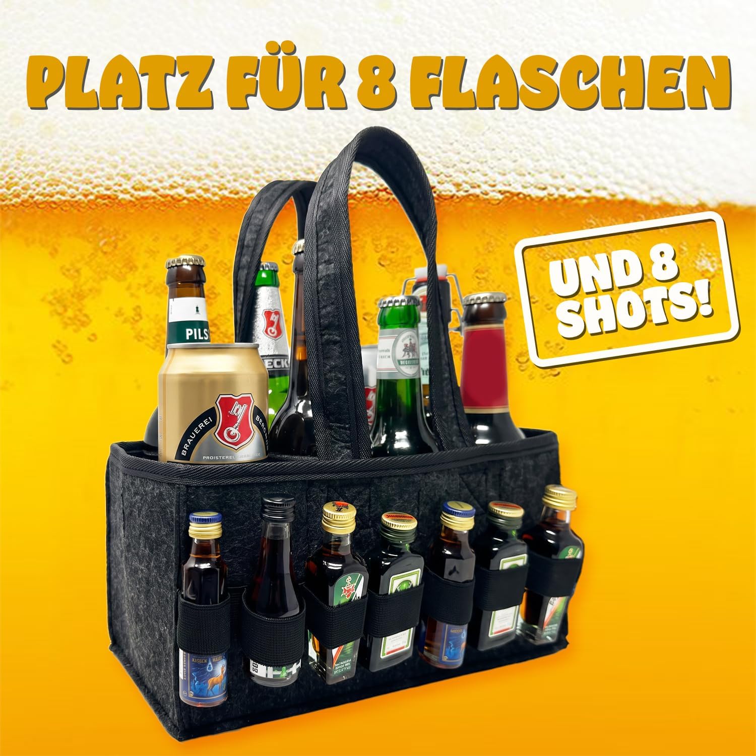 Longfair Men's Beer Handbag - Felt Bag for 8 Beer Bottles & Cans with 3 Patches & Shot Holder - Funny Men's Gift for Father's Day, Birthday, Festival & Men's Night – Bild 4