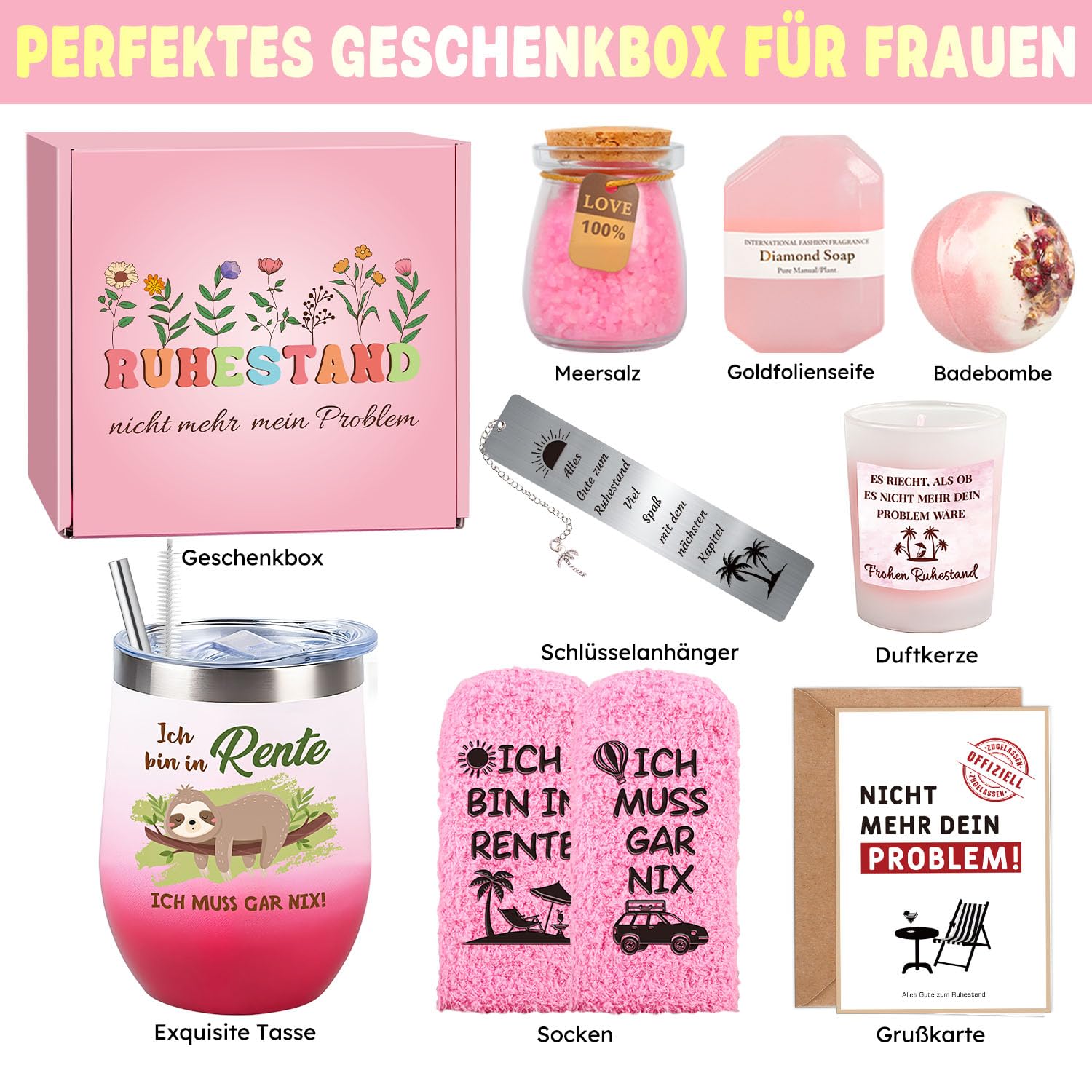 Giftota Retirement Gift Box Women, Retirement Entry Gift Woman Farewell Colleague, Pink Thermal Mug Wellness Gift Box, Funny Socks Retirement Pension, Farewell Gift Colleague – Bild 7