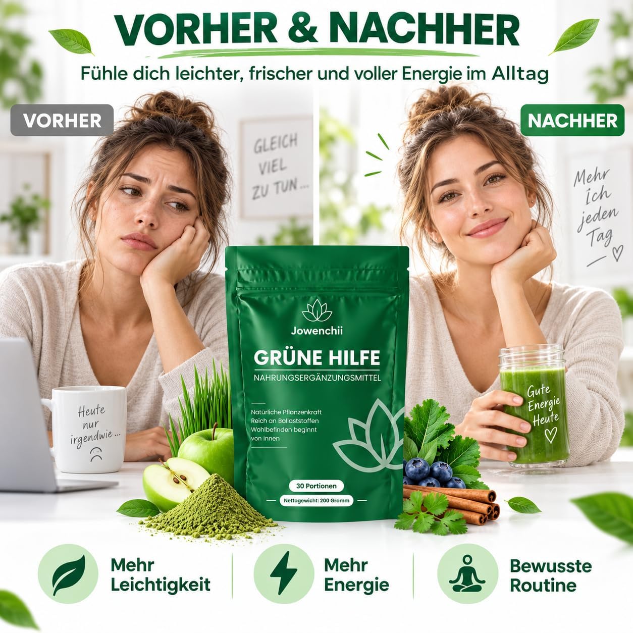 Green Superfood Powder 200 g - Vegetable Superfood Blend with Barley Grass, Spirulina, Matcha, Chlorella, Wild Blueberry & Inulin - Green Drink with Apple Flavour, Vegan & No Added Sugar – Bild 7