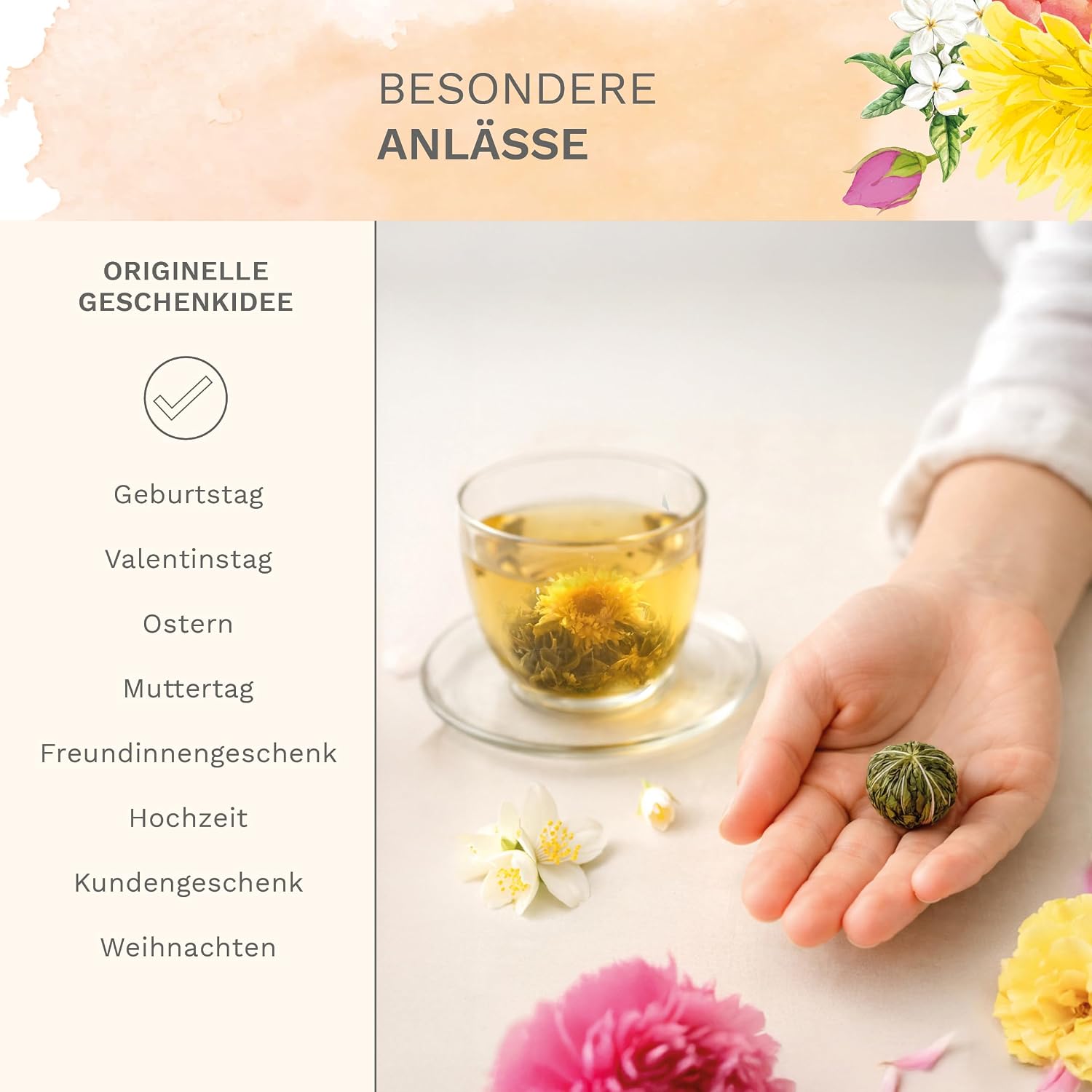 Creano Tea Flowers Gift Set, Flower Design, Blooming Tea Spring Reading with 500 ml Glass Jug and 6 x White Tea, Gift for Valentine's Day, Mother's Day – Bild 6