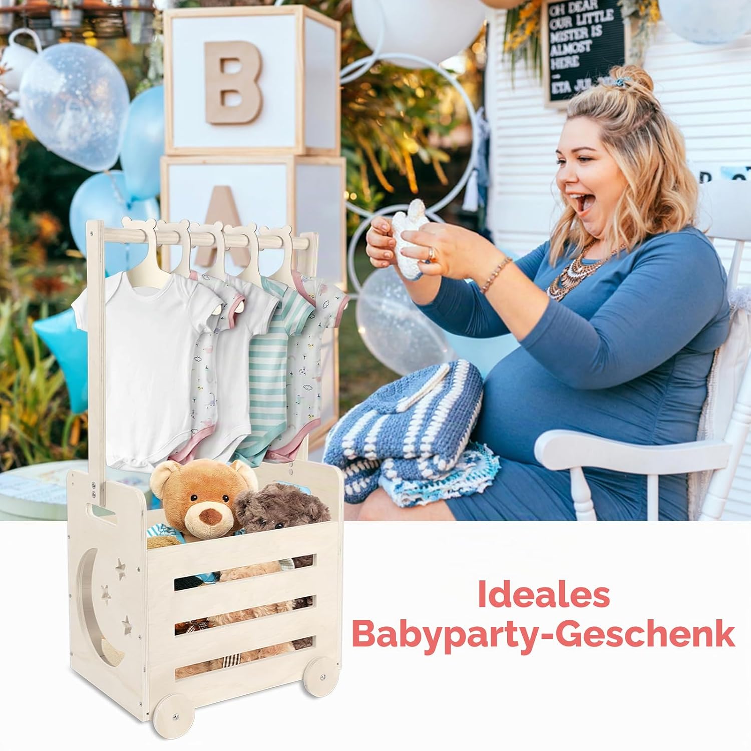 Wooden Gift Basket with Wheels and High Handle, Personalised Basket for Pregnant New Parents. Gift Basket-Moon Car-DE – Bild 4