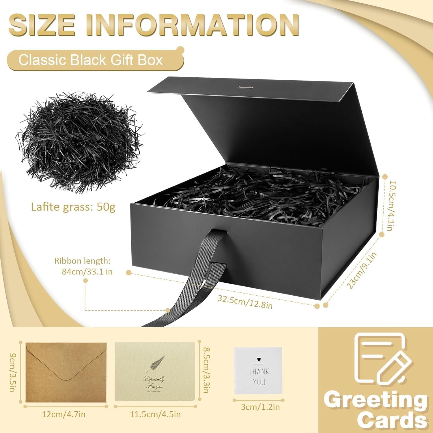 Black Luxury Large Magnetic Gift Box, 32.5 x 23 x 10.5 cm with Ribbon, Paper & Greeting Card, Party Favour Box for Wedding, Birthday & Mother's Day – Bild 3