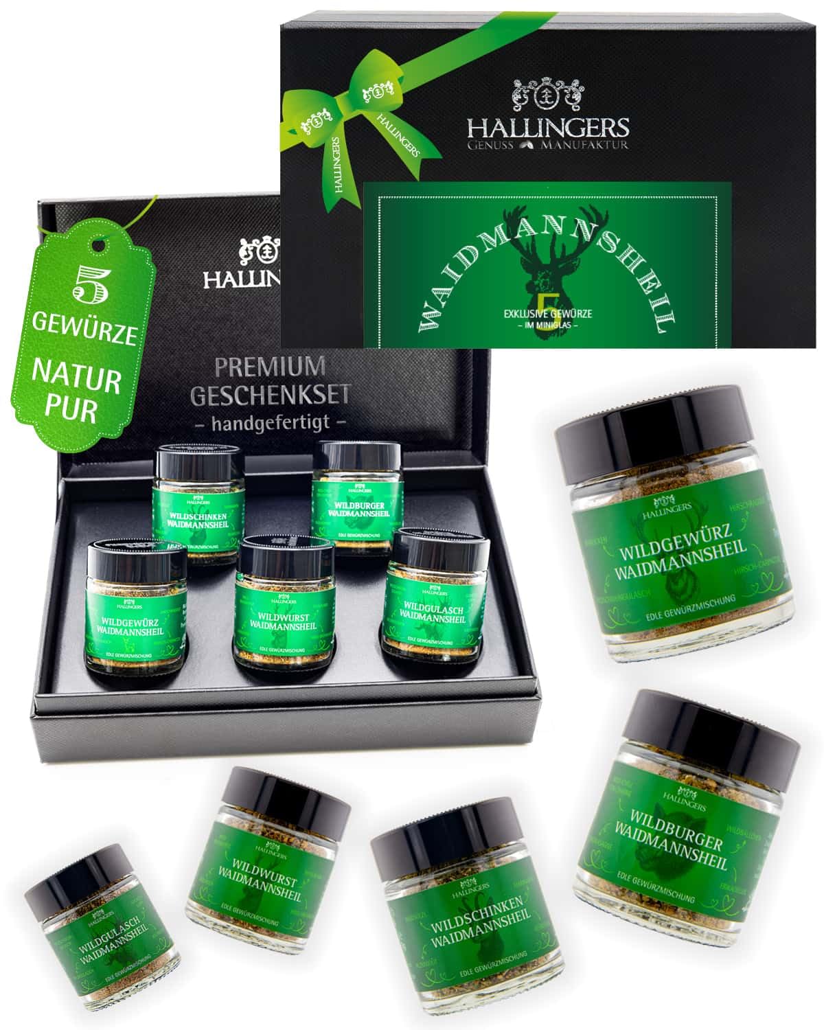 Hallingers Genuss Manufaktur Spice Hunter Gift Set – 5 Spices from around the World in High-Quality Gift Box with Recipe Booklet "Waidmannsheil", Hunting Gift Idea for Hunters