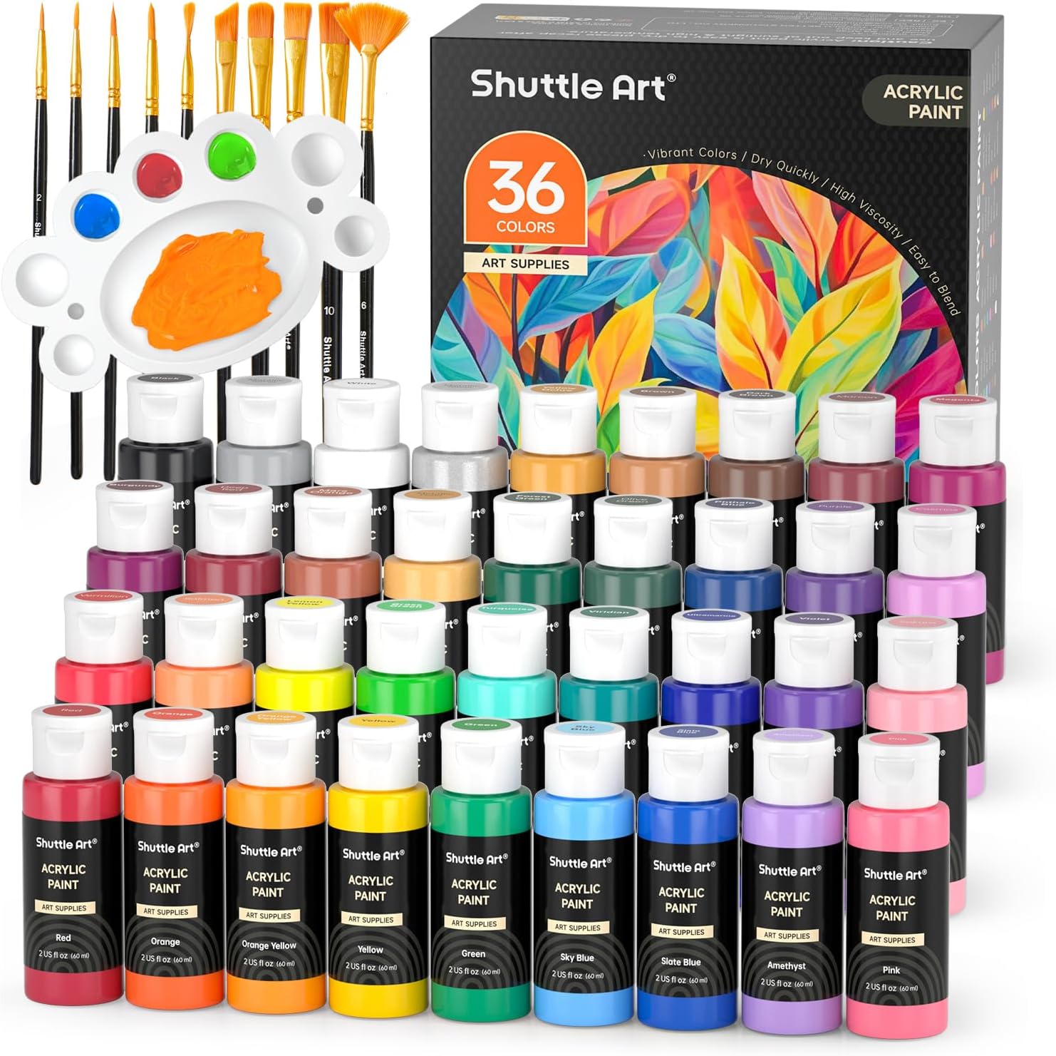 Shuttle Art 36 Colourful Acrylic Paint Set (60 ml Each) with 12 Brush Set